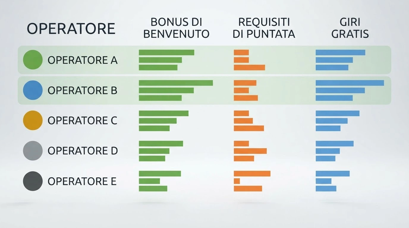 Una tabella comparativa semplificata con righe per operatore e colonne per bonus, wagering e free spin, con le prime righe evidenziate in verde