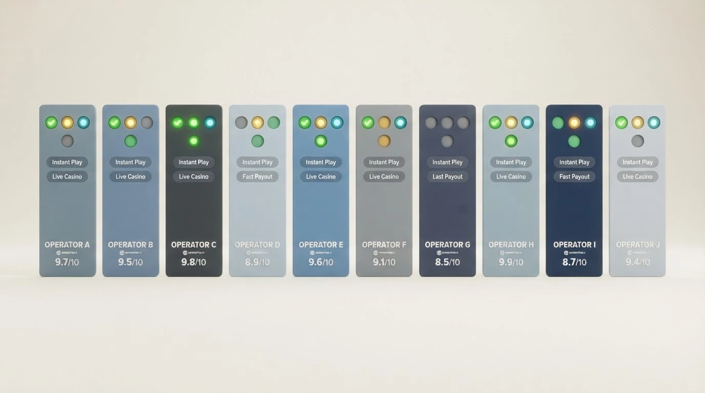 Una griglia stilizzata con 10 slot verticali, ciascuno con il nome di un operatore e tre indicatori colorati (licenza, bonus, free spin)