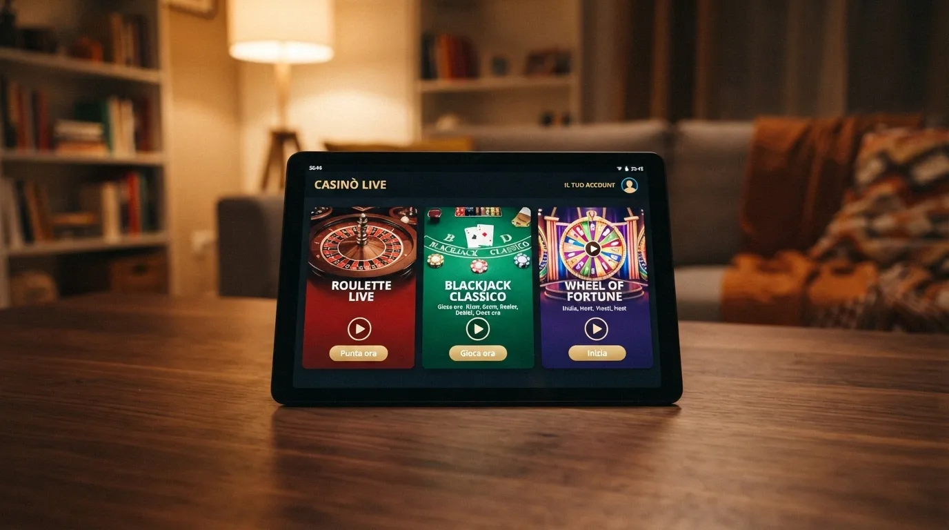 L'interfaccia di una lobby di casinò dal vivo con anteprime dei tavoli disponibili: roulette, blackjack e game show