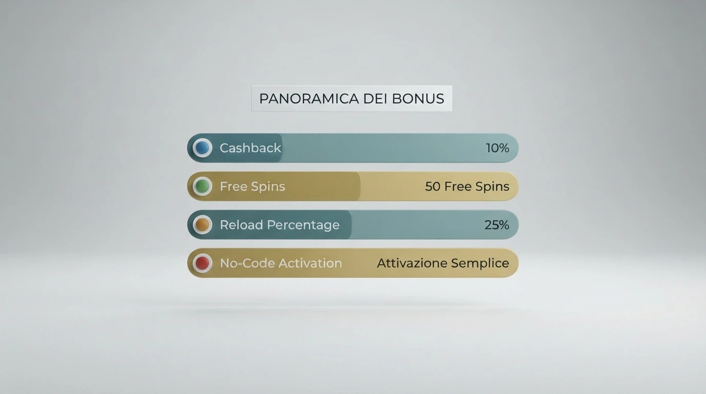 Una tabella comparativa stilizzata con le icone dei casinò ADM in colonna e accanto i tipi di bonus disponibili per giocatori già iscritti