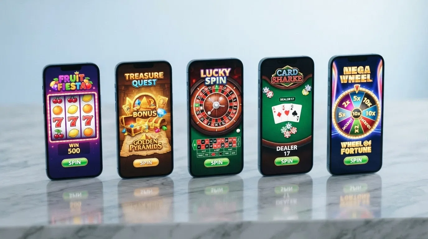 Una fila di schermi di smartphone ciascuno con il logo di un diverso casinò online e un contatore di free spin