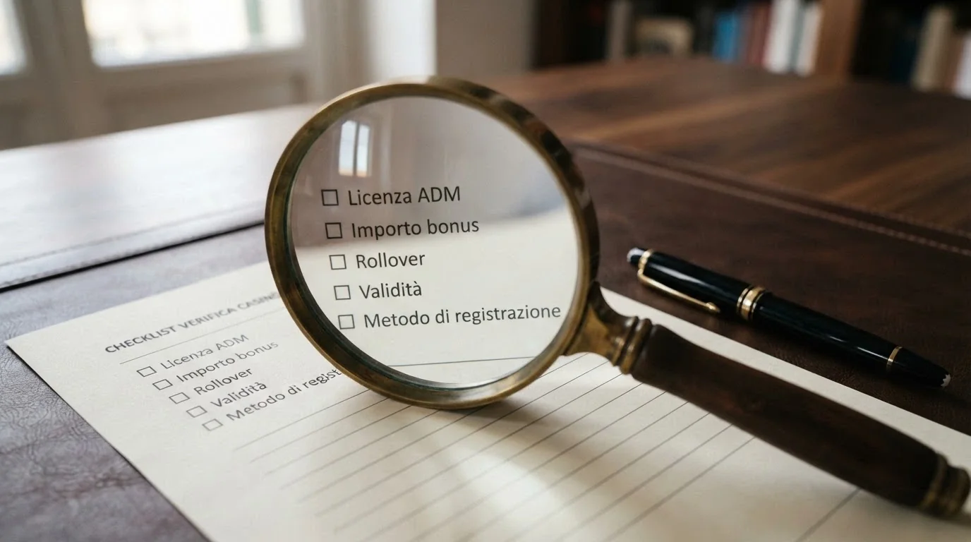 Una lente di ingrandimento su una lista di controllo con cinque voci: licenza ADM, importo bonus, rollover, validità, metodo di registrazione