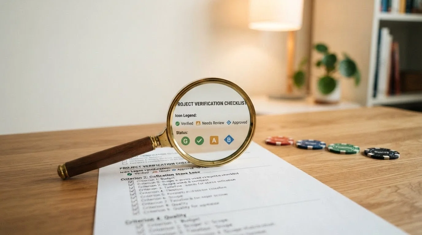 Una lente d'ingrandimento su una lista di operatori con i badge di verifica ADM, accanto a icone che rappresentano rollover, validità e bonus senza deposito