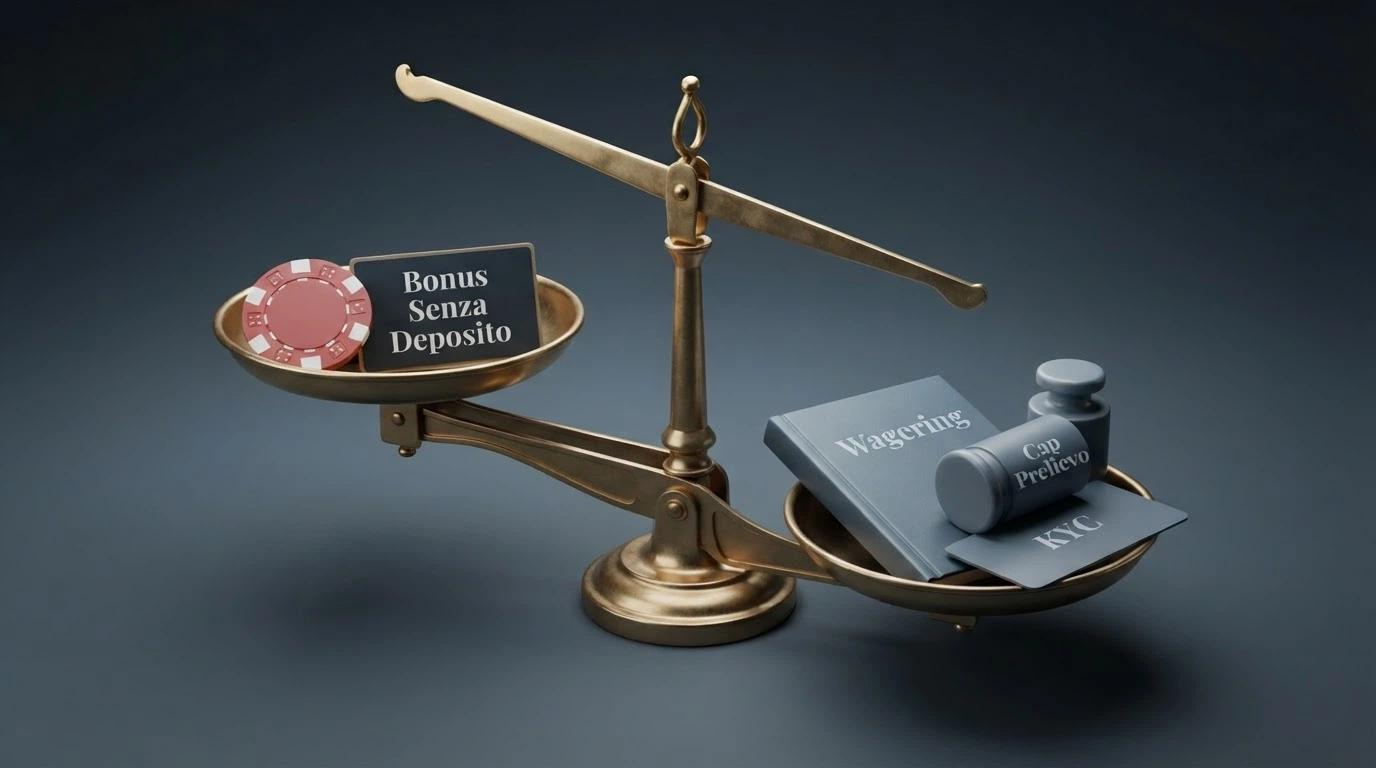 Una bilancia a due piatti: sul piatto di sinistra la scritta «Bonus Senza Deposito» con una cifra, sul piatto di destra le scritte «Wagering», «Cap Prelievo», «KYC» che pesano di più