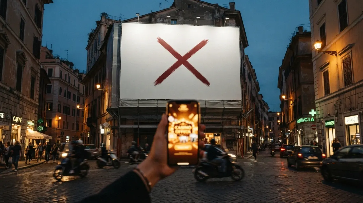 Un cartellone pubblicitario vuoto con una grande X rossa sovrapposta, mentre sullo sfondo uno smartphone mostra un banner promozionale luminoso di un casinò online