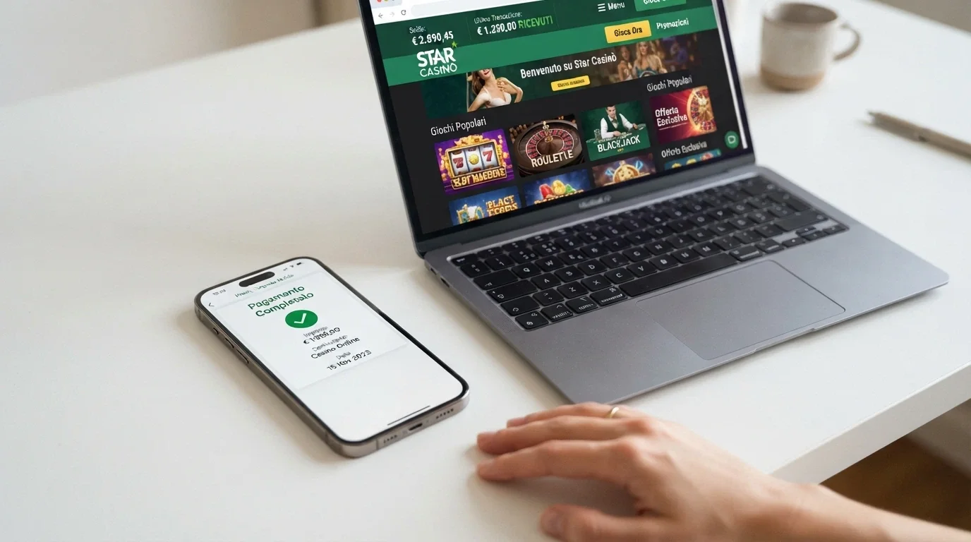 Un telefono che mostra l'app bancaria con la schermata di un bonifico istantaneo in fase di invio, affiancato dall'interfaccia di un casinò online che mostra il saldo già caricato