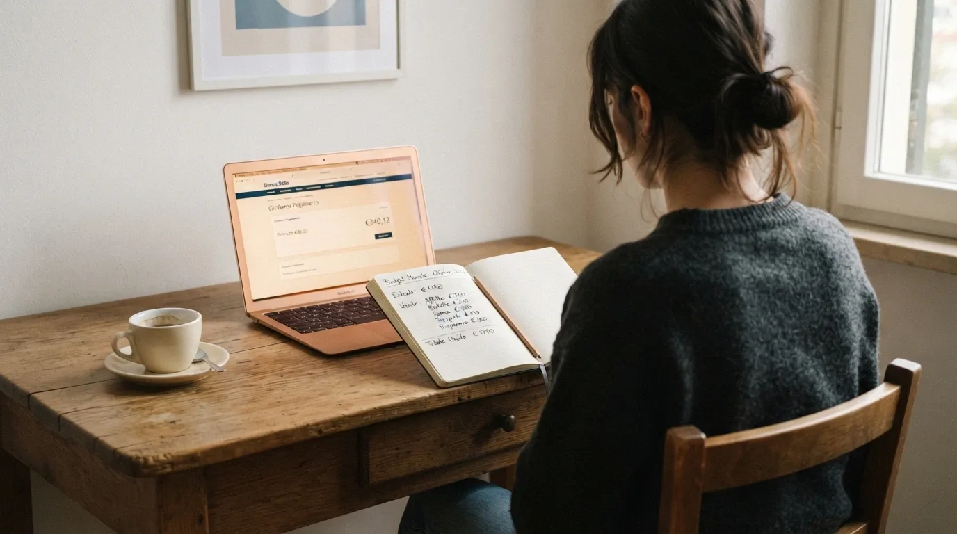 Un giocatore davanti al computer con un taccuino su cui ha annotato un budget mensile, una tazza di caffè accanto e lo schermo che mostra la pagina del deposito con importi contenuti