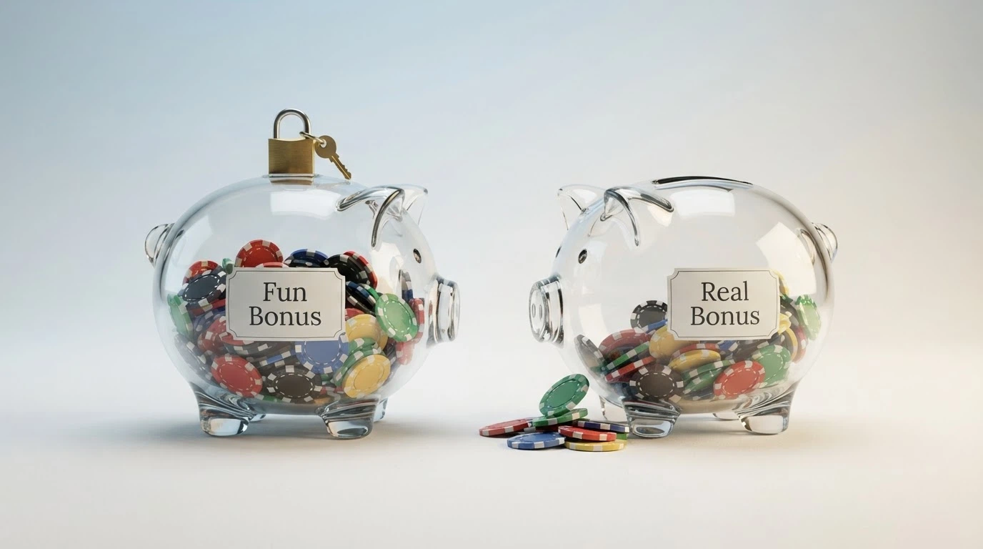 Due salvadanai affiancati: uno chiuso da un lucchetto con l'etichetta «Fun Bonus — bloccato fino al rollover», l'altro aperto con monete visibili e la scritta «Real Bonus — prelevabile»