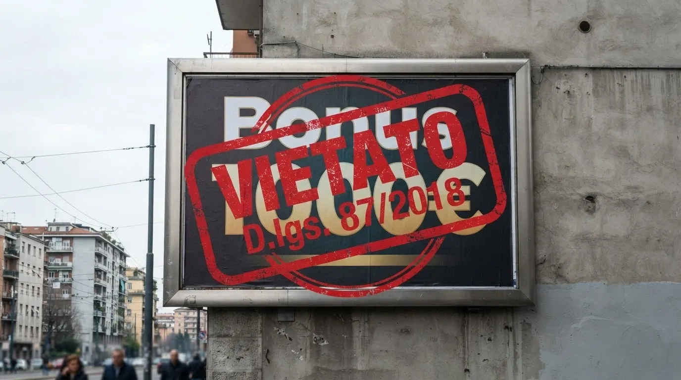 Un cartellone pubblicitario con la scritta «Bonus 1000€» coperto da un timbro ufficiale rosso «VIETATO — D.lgs. 87/2018»