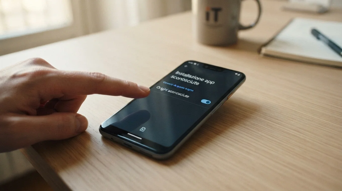 Un telefono Android con la schermata «Installa app da origine sconosciuta» e una freccia che punta al file APK