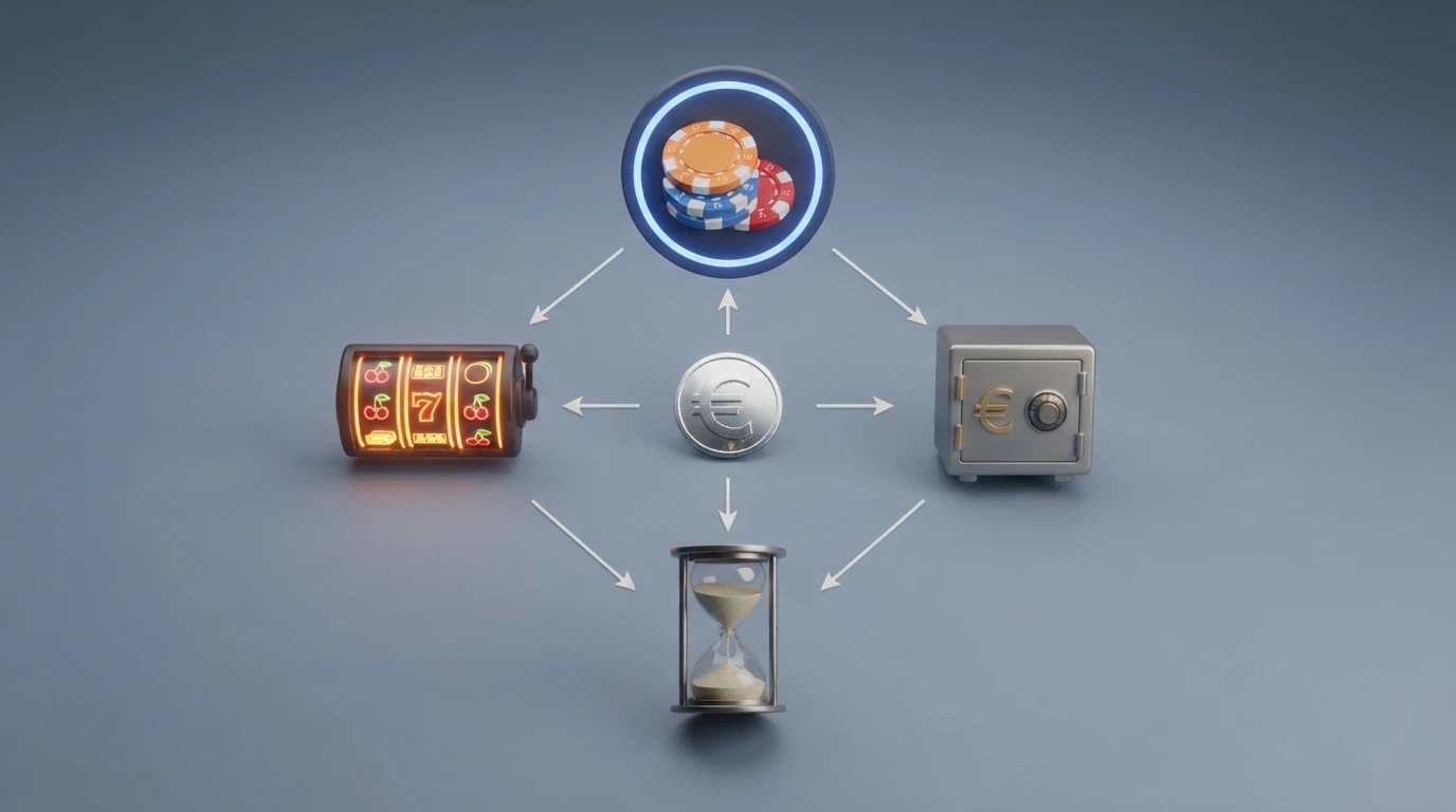 Uno schema visivo con quattro icone che rappresentano wagering, cap, validità e slot, collegate da frecce a un simbolo di denaro al centro