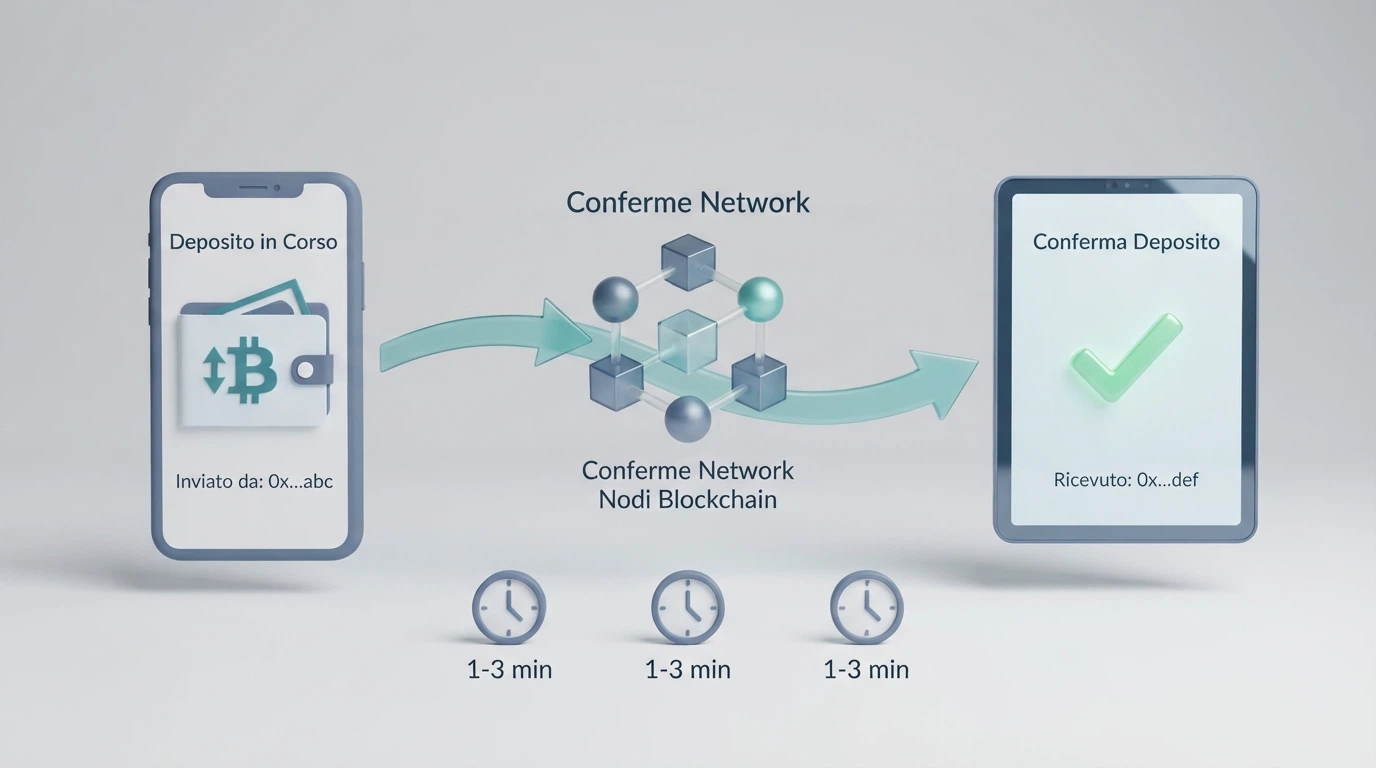 Schema del flusso di un deposito in Dogecoin: dal wallet personale all'indirizzo del casinò, con l'indicazione della conferma di rete