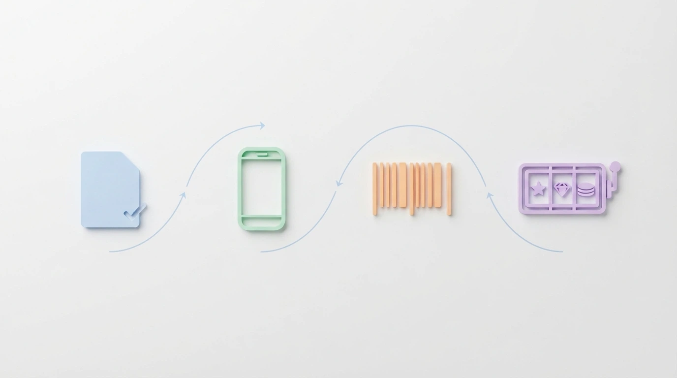 Una serie di icone stilizzate — un documento, uno smartphone, un codice a barre, una slot — ciascuna collegata a un diverso formato di giri gratis