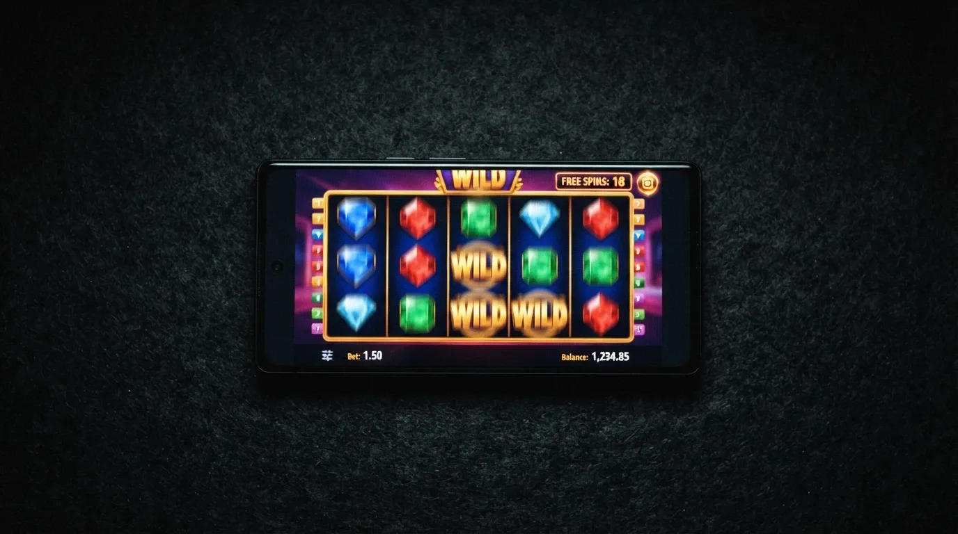 Primo piano di uno smartphone che mostra i rulli di una slot machine colorata in rotazione, con un contatore di giri gratuiti visibile nell'angolo in alto a destra