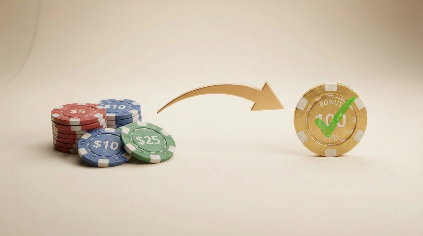 Un diagramma a tre passaggi: gettoni colorati (fun bonus) → freccia con etichetta «wagering» → banconota con segno di spunta (real bonus)