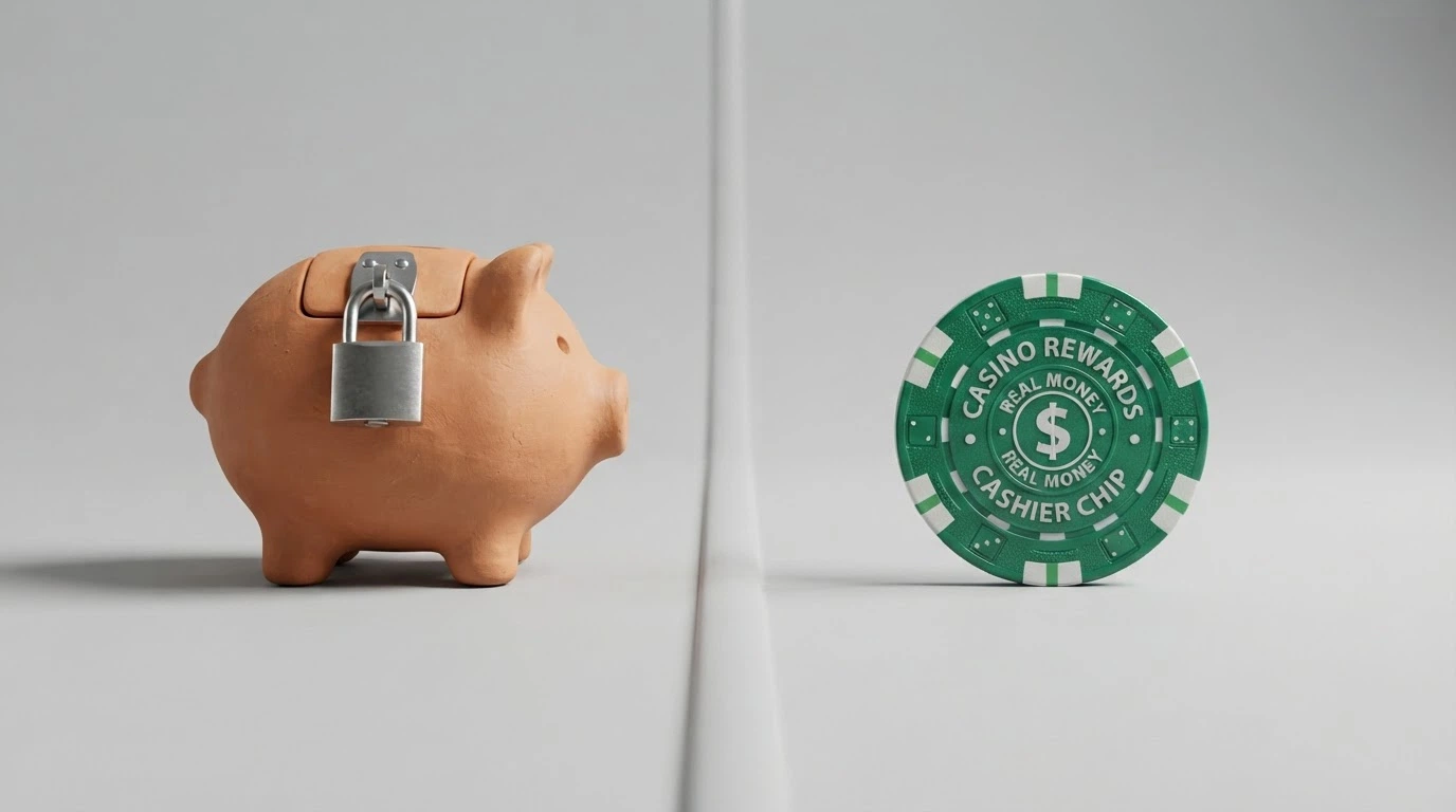 Due colonne affiancate: a sinistra un salvadanaio chiuso con lucchetto etichettato «Fun Bonus», a destra una banconota da €50 con il simbolo di spunta verde «Real Bonus»