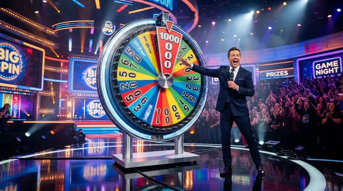 La scenografia colorata di un game show live con una grande ruota della fortuna e un conduttore che coinvolge il pubblico
