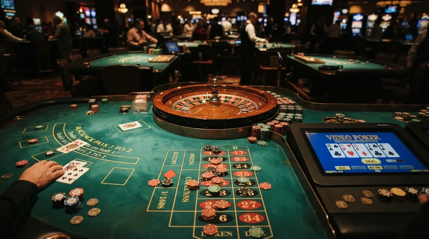 Un tavolo da blackjack, una roulette europea e una schermata di videopoker affiancati