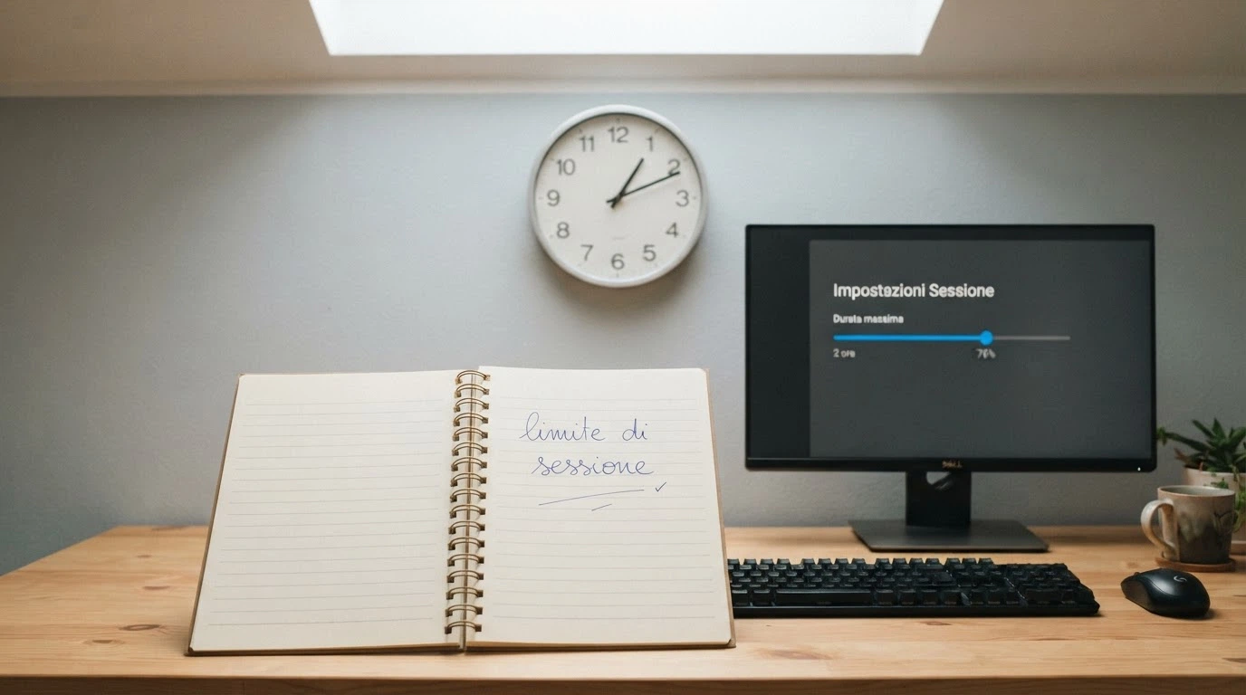 Un orologio da parete e un bloc-notes con la scritta «limite di sessione» accanto allo schermo di un computer