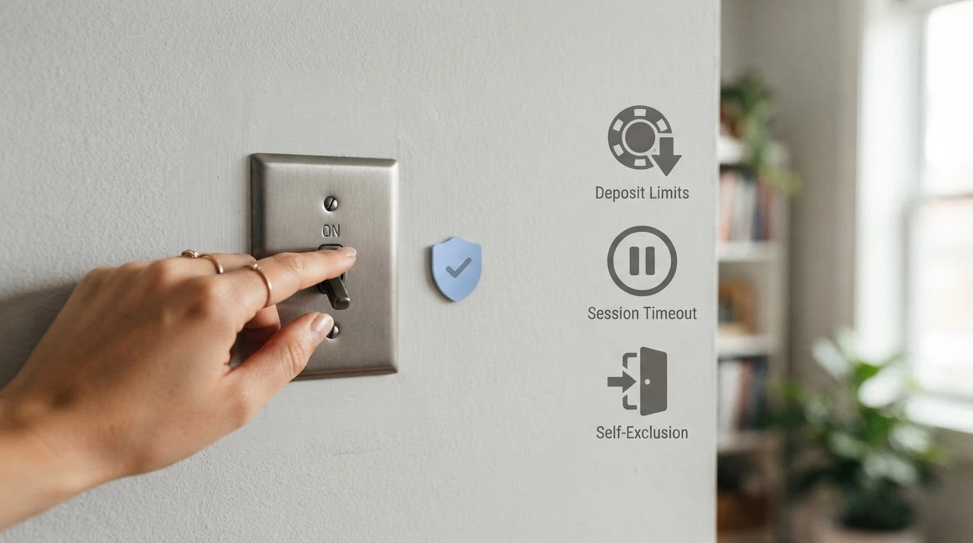Una mano che attiva un interruttore con l'icona di uno scudo, accanto a icone di limite di deposito, autoesclusione e un punto interrogativo su sfondo rassicurante