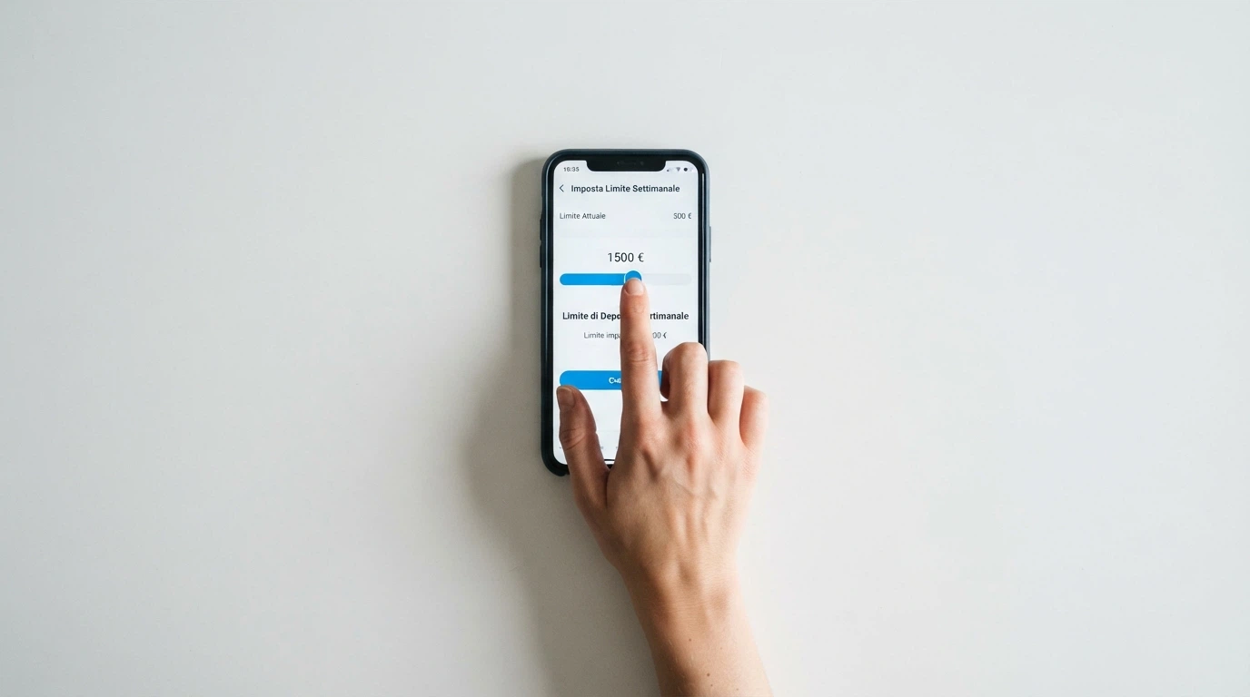 Una mano che digita su uno smartphone con sullo schermo l'interfaccia di impostazione dei limiti di deposito settimanali