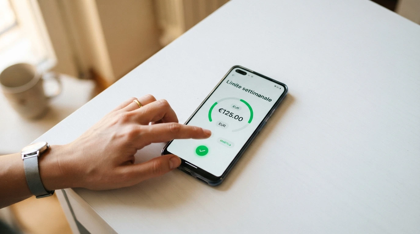 Una mano che imposta un limite di spesa su un'interfaccia digitale, con il numero verde 800 558822 visibile in un riquadro in alto