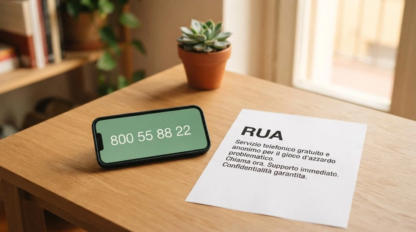 Un telefono con il numero 800 55 88 22 sullo schermo, appoggiato su una scrivania accanto a un foglio con la scritta «RUA — Registro Unico degli Autoesclusi»