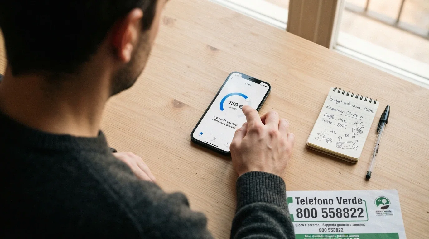 una persona davanti allo schermo con i simboli dei limiti di deposito, dell'autoesclusione e un telefono con il numero verde