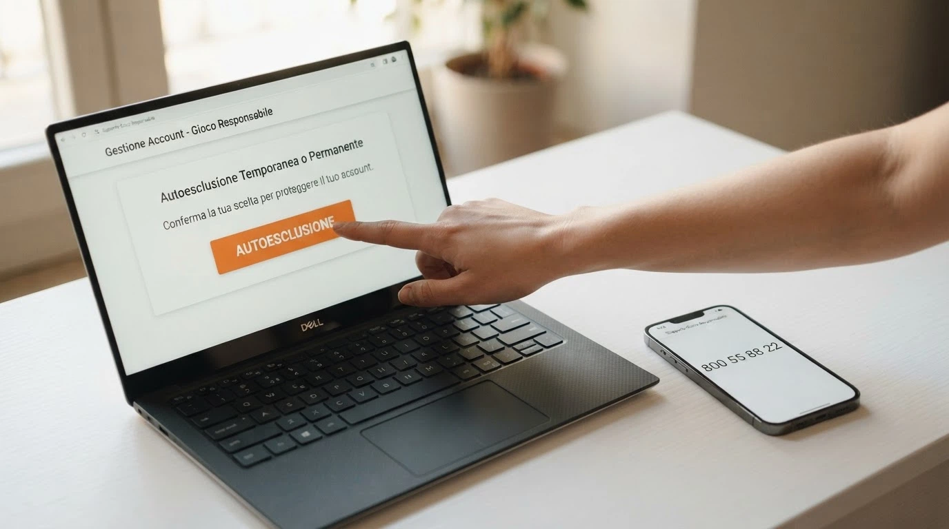 Una mano che preme il tasto «Autoesclusione» su un'interfaccia web di casinò, con accanto un telefono fisso rosso che riporta il numero 800 55 88 22