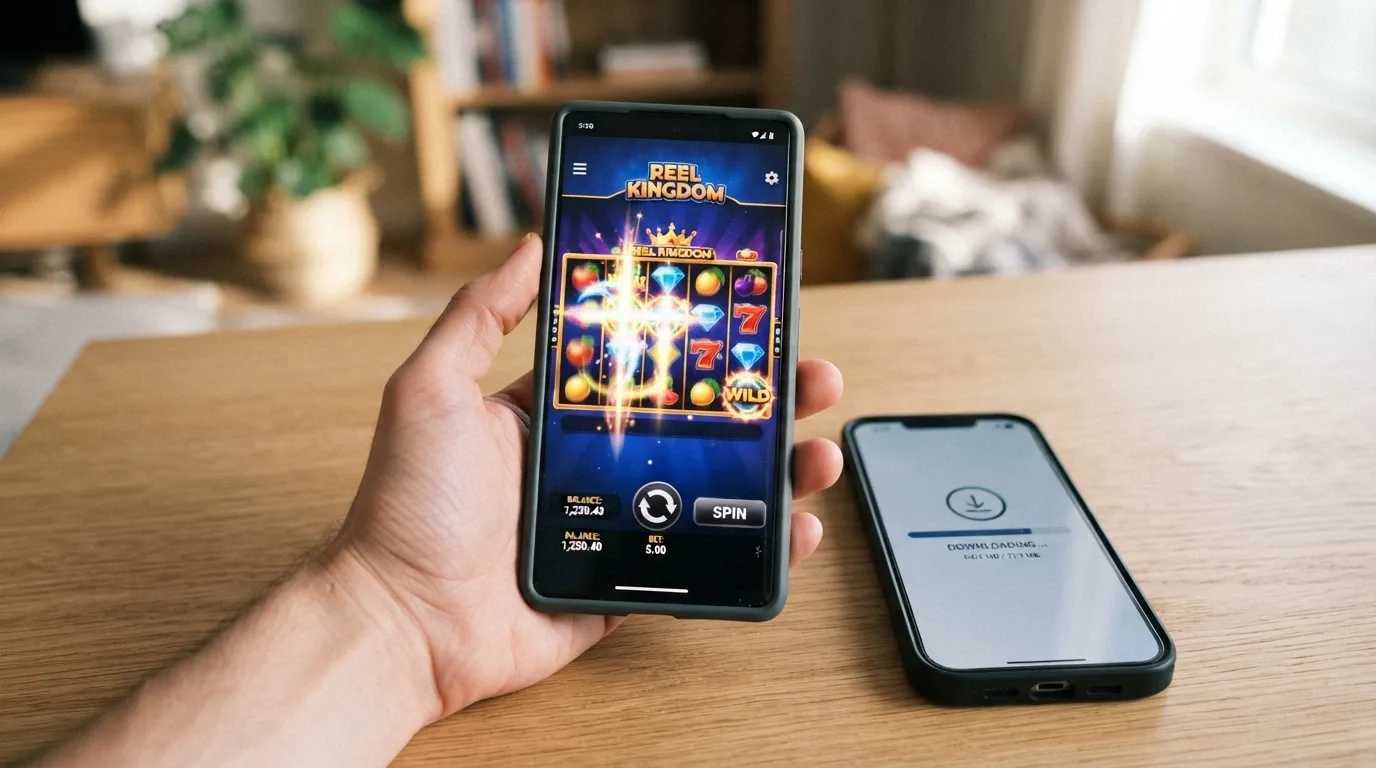 Una mano che tiene uno smartphone in verticale con una slot machine in esecuzione, accanto allo stesso telefono appoggiato con l'icona di download dell'app