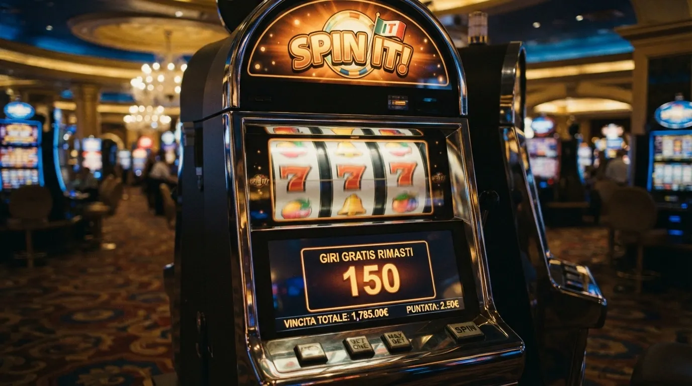 Una slot machine con rulli in movimento e un contatore di free spin sullo schermo che segna 150 giri residui