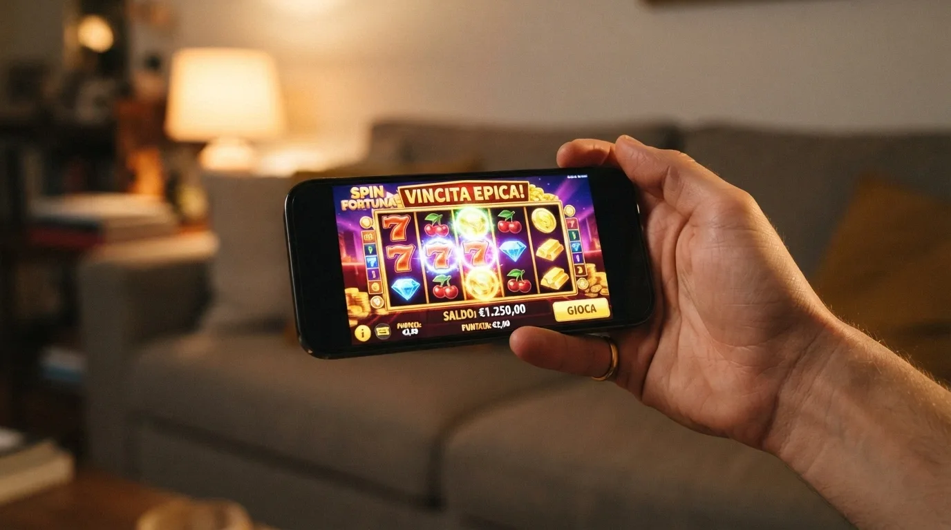 Una mano che regge uno smartphone in orizzontale con una slot machine attiva sullo schermo, su sfondo sfocato da casinò