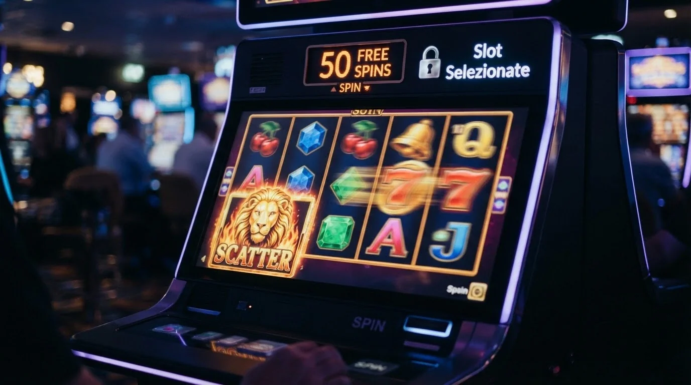 Una slot machine online con il contatore dei giri gratis attivo a 50, il simbolo scatter in primo piano e in sovrimpressione l'icona di un lucchetto con la dicitura «slot selezionate»