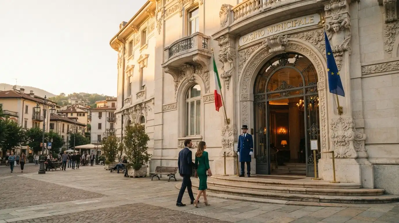 Ingresso principale del Casinò di Sanremo con bandiera italiana ed europea, portiere in divisa e visitatori in abbigliamento elegante