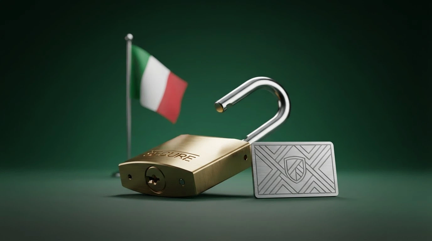 Il logo dell'Agenzia delle Dogane e dei Monopoli accanto a un lucchetto aperto e alla bandiera italiana