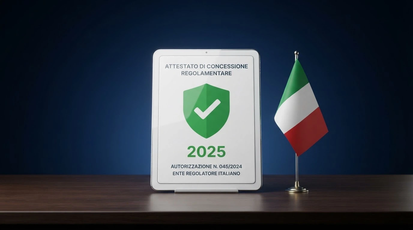 il logo ADM su uno schermo con un timbro di concessione e la bandiera italiana sullo sfondo