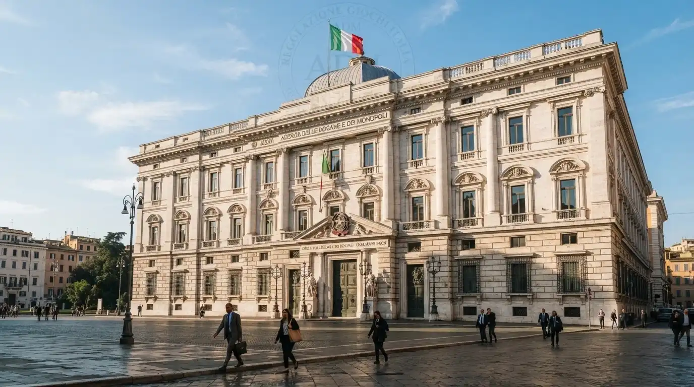 La facciata di un palazzo istituzionale italiano con bandiera, sormontata dalla scritta «ADM — Agenzia delle Dogane e dei Monopoli» in trasparenza
