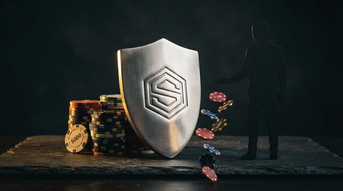 Il logo ADM stilizzato come uno scudo che protegge una pila di fiches da casinò, con sullo sfondo una sagoma scura senza scudo da cui le fiches cadono