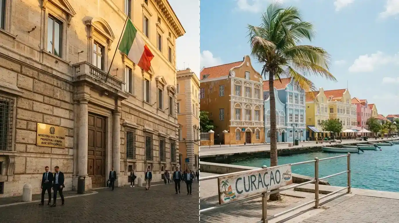 Un contrasto visivo tra un edificio istituzionale con bandiera italiana e il logo ADM da un lato e un'isola tropicale con la scritta «Curaçao» dall'altro, separati da una linea tratteggiata