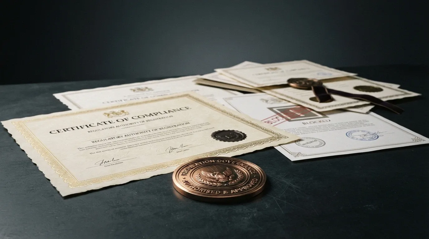 Badge e certificati di licenze internazionali per casinò online affiancati al logo ADM sbarrato