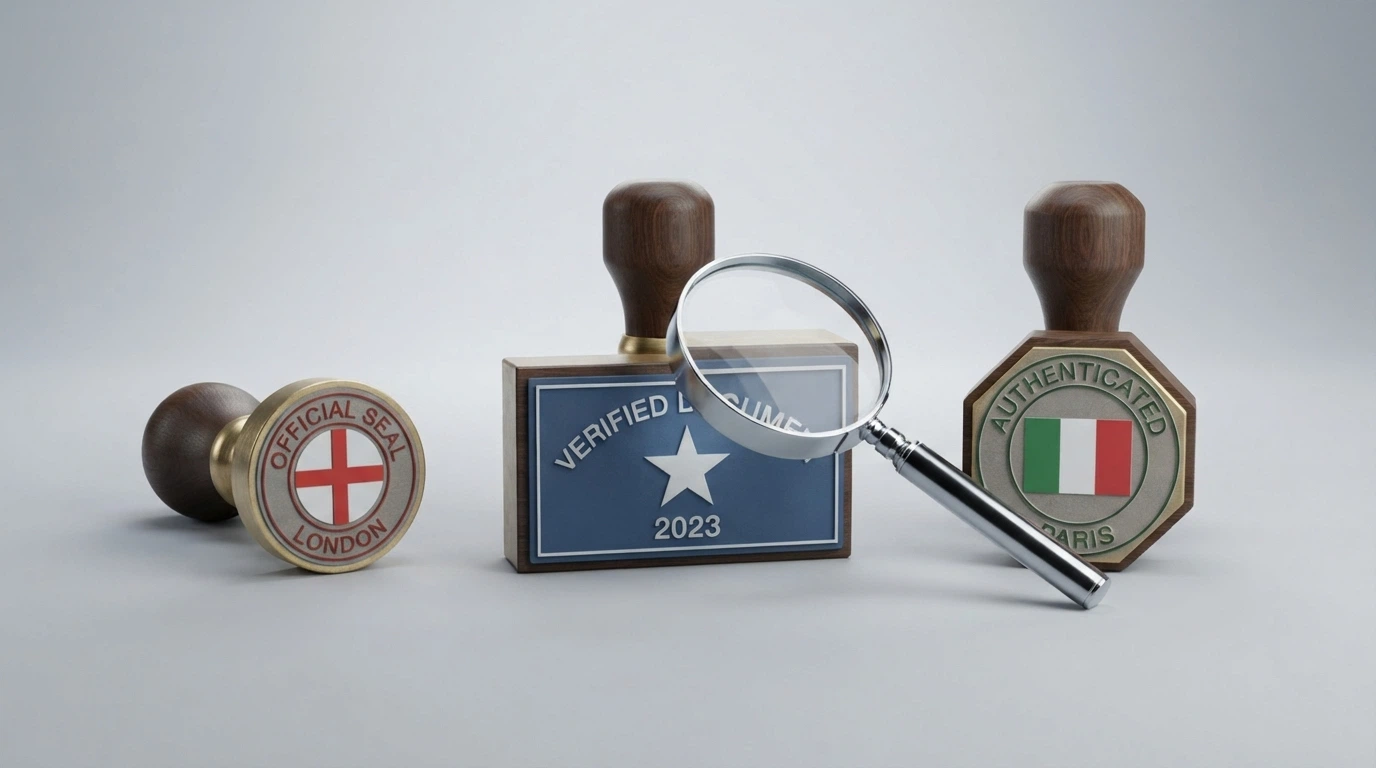 Tre timbri ufficiali affiancati con le bandiere di Malta, Curaçao e Italia, ciascuno con una lente che ne rivela i dettagli