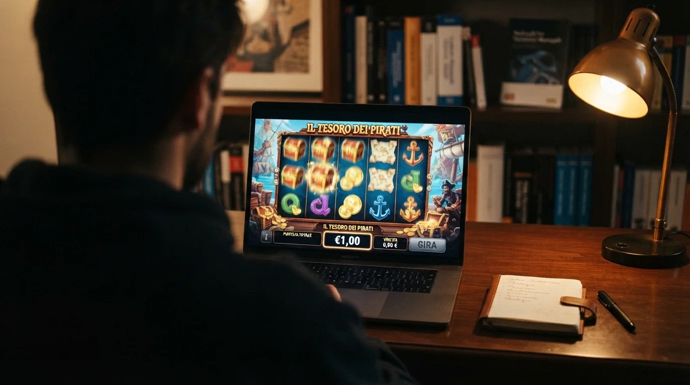 Primo piano di una slot machine online con l'indicatore di puntata impostato su 1 euro, il limite massimo italiano per spin