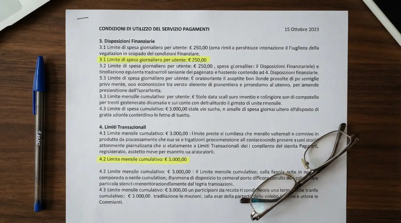 Un estratto dei termini e condizioni di un casinò offshore con evidenziati i limiti di prelievo giornalieri e mensili in euro