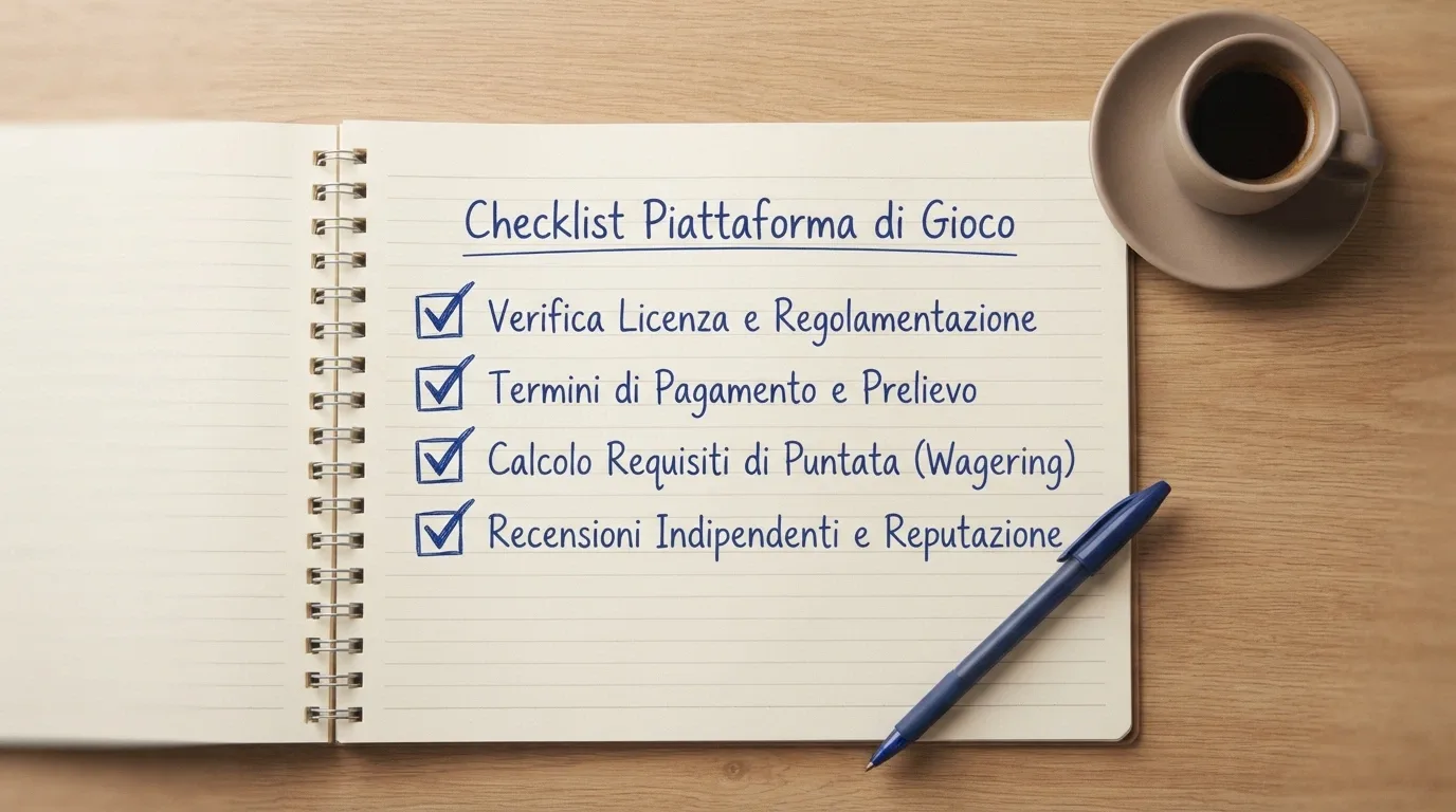 Una checklist su blocco note con quattro voci spuntate: licenza verificata, termini di prelievo letti, wagering calcolato, recensioni controllate