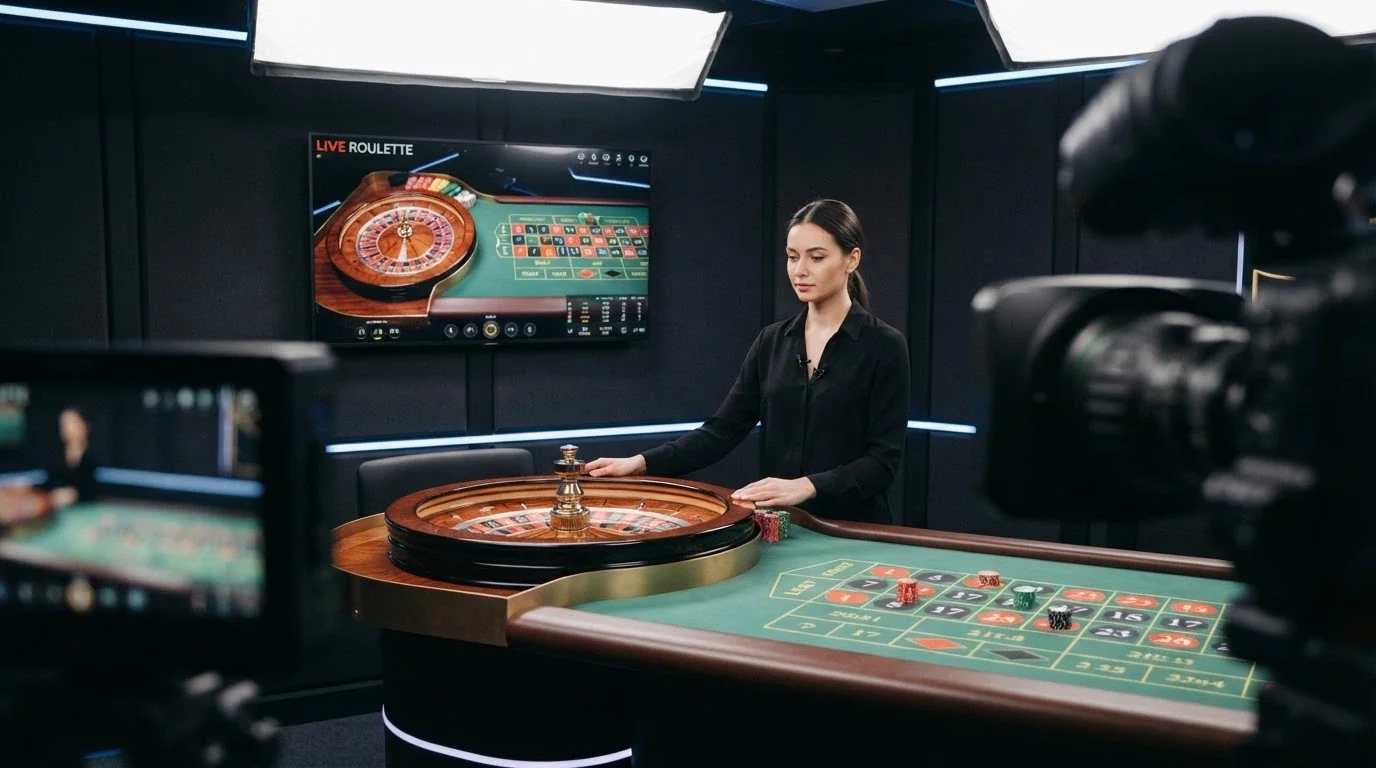 Un tavolo da roulette dal vivo con un dealer inquadrato, sovrapposta l'interfaccia di un casinò online