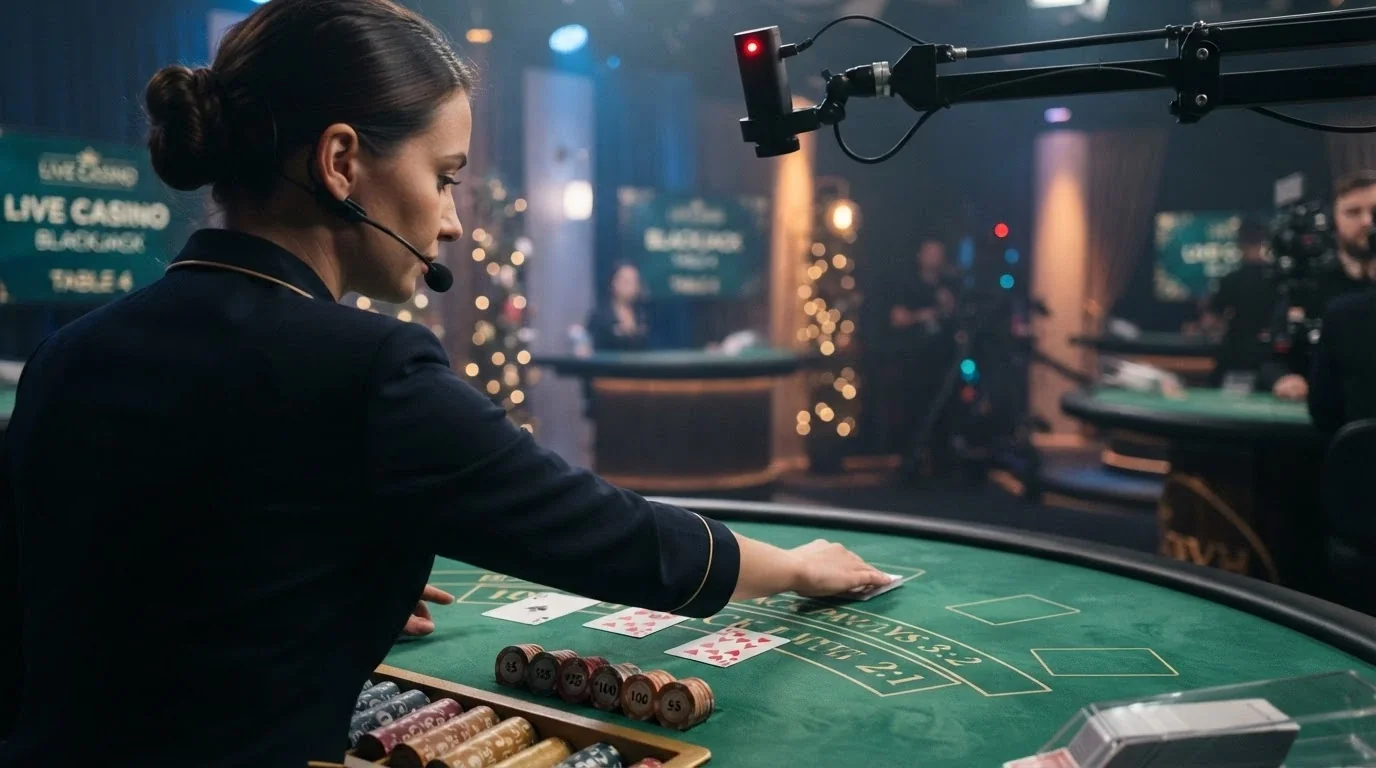 Un tavolo da casinò live con un croupier inquadrato e l'interfaccia di gioco sullo schermo