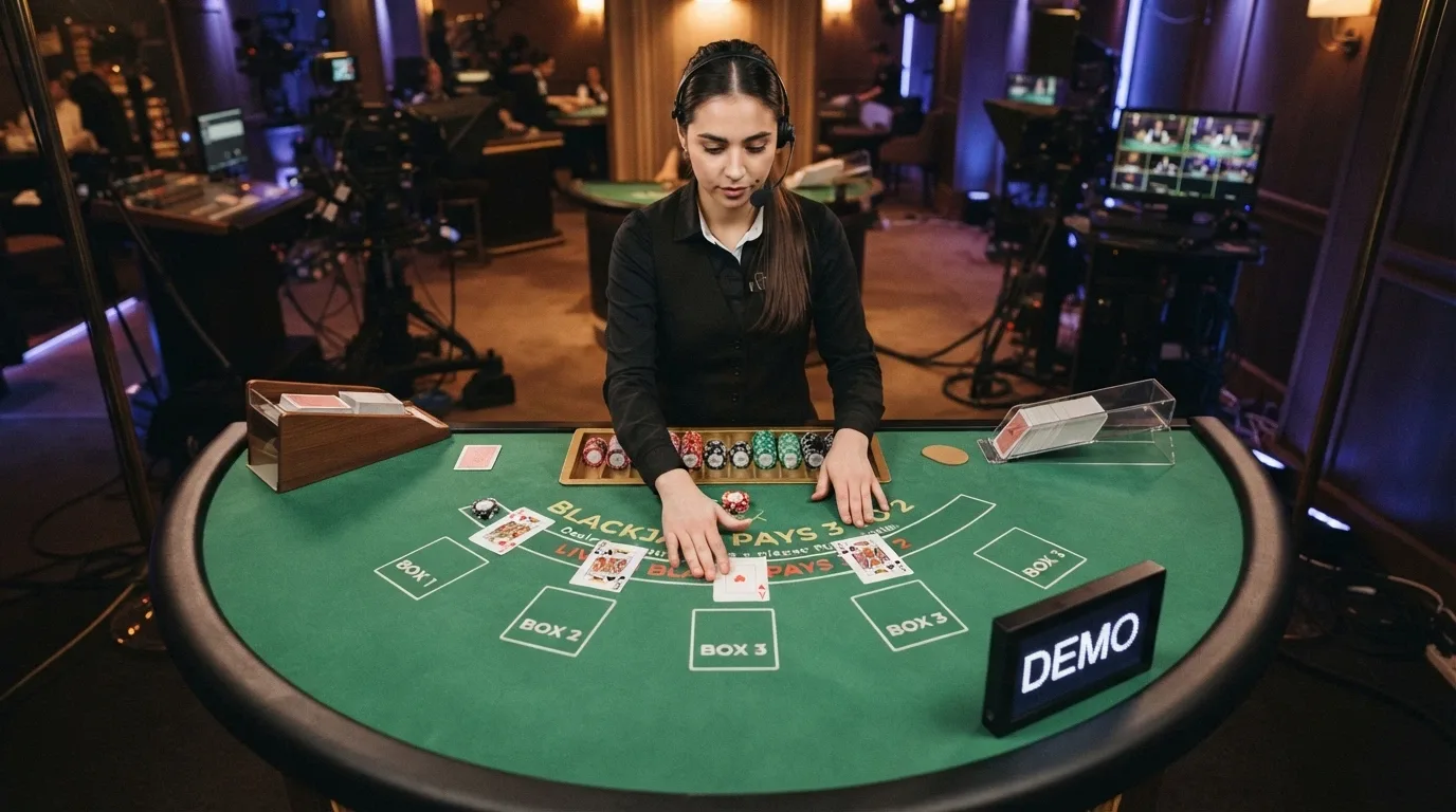 Tavolo di casinò live con l'indicatore «demo» visibile e un dealer sullo sfondo
