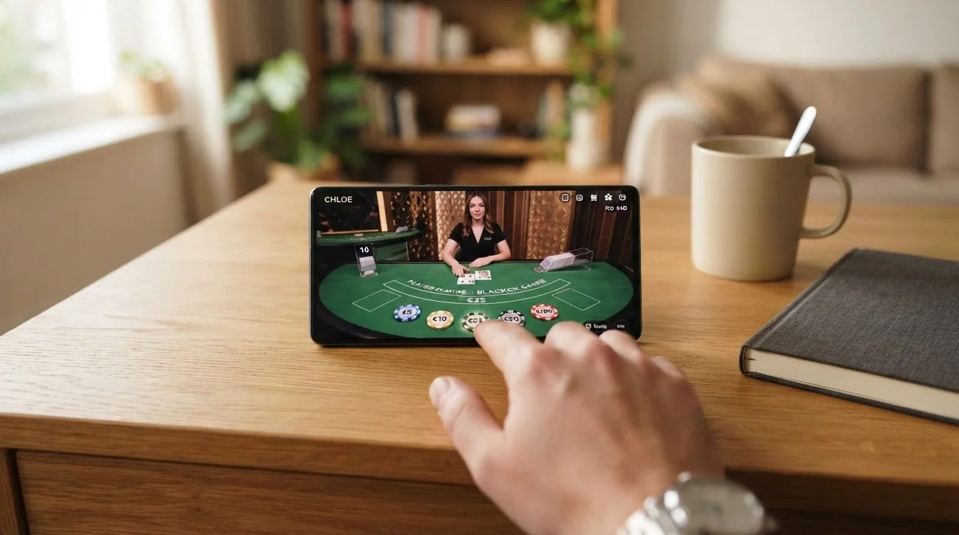 Smartphone con interfaccia di casinò live dealer in modalità orizzontale, tavolo di blackjack attivo