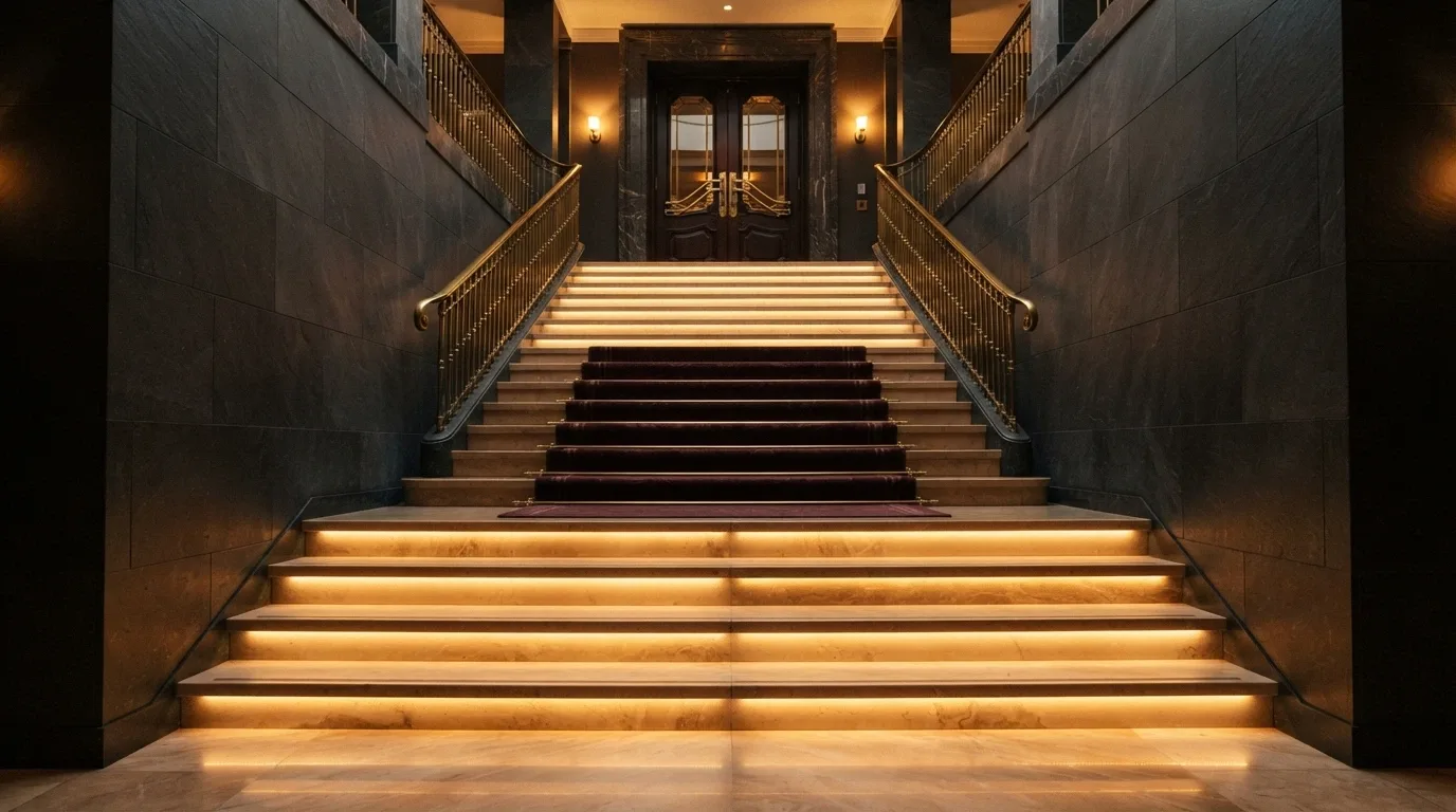 Una scala a gradini illuminata che sale verso un accesso esclusivo, con tre livelli marcati