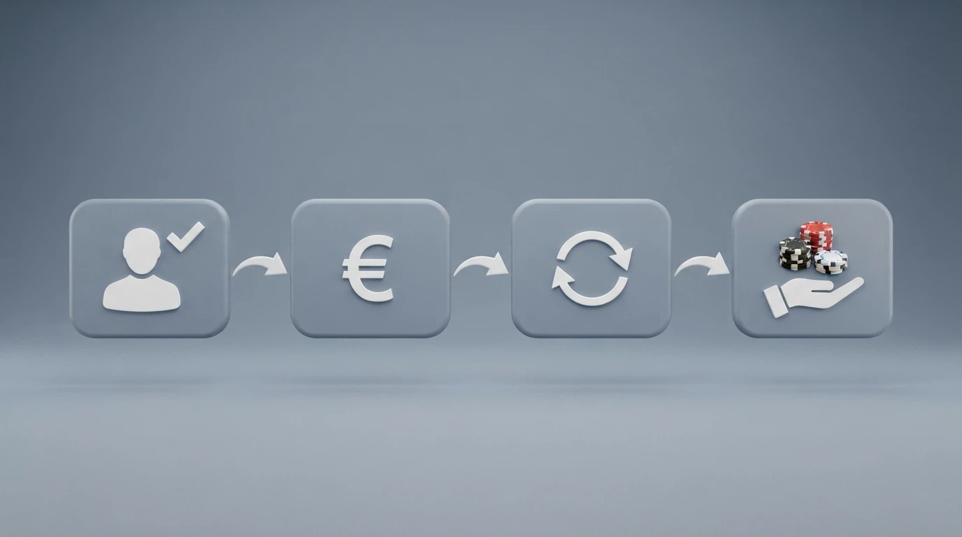 Schema visivo del flusso di un bonus: registrazione → accredito → rollover → prelievo, con attorno le icone di wagering, validità e RTP
